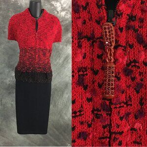 BEAUTIFUL st john couture knit red black rhinestones jacket skirt suit size 14
